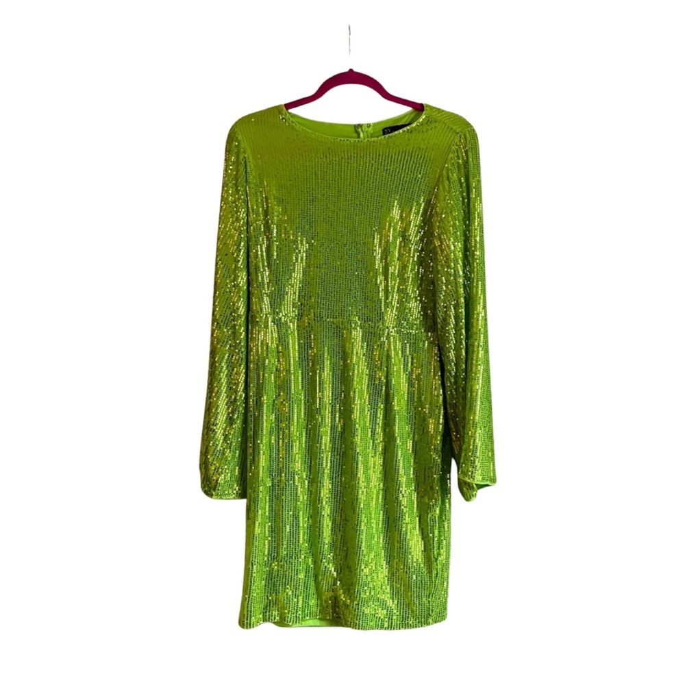 NY & Co Lime Green SEQUIN mini Dress size Medium